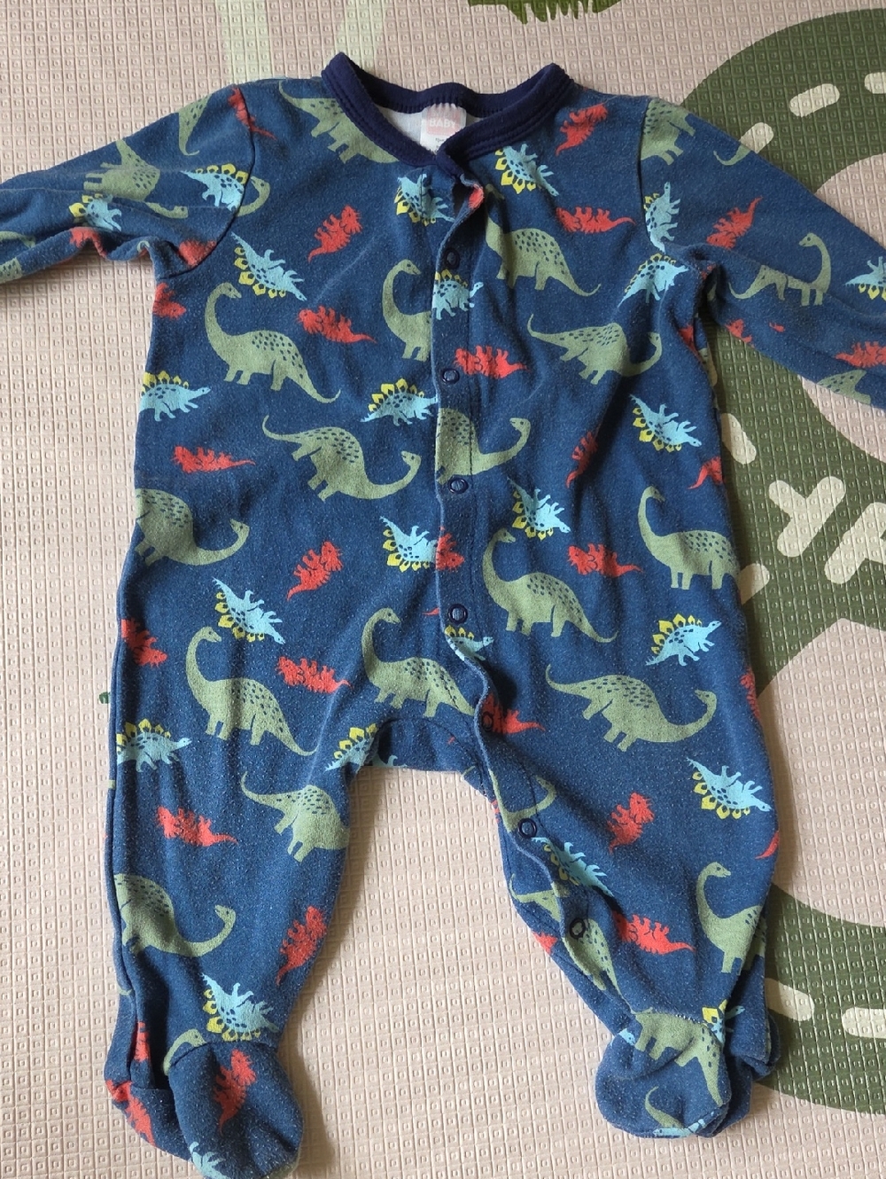 💙6-9M Baby Dino Print Navy One-Piece Footed Pajamas